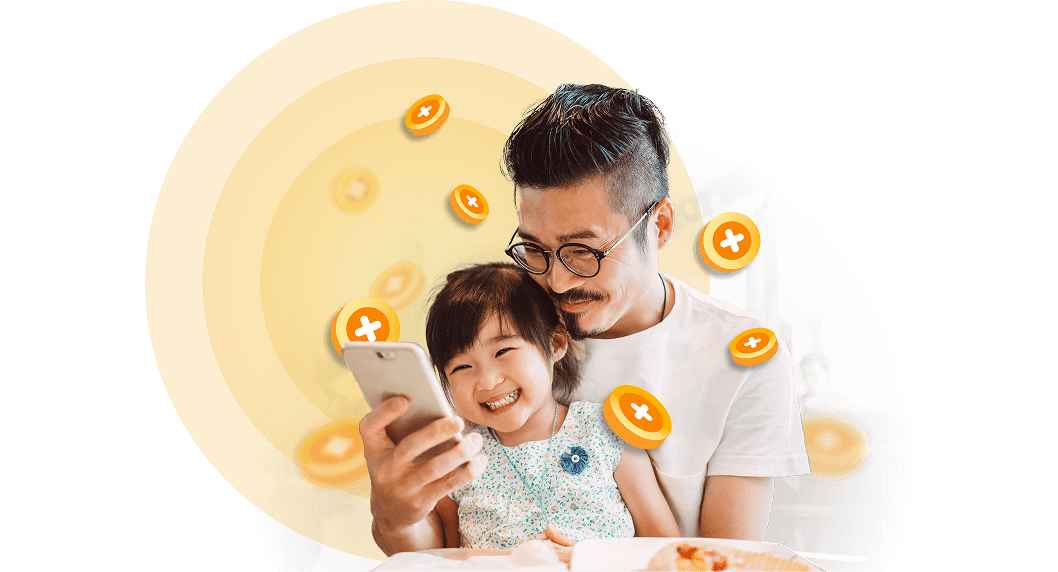 A father holding a phone with this daughter