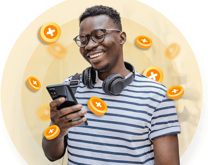 a guy holding a phone with coins graphics around him